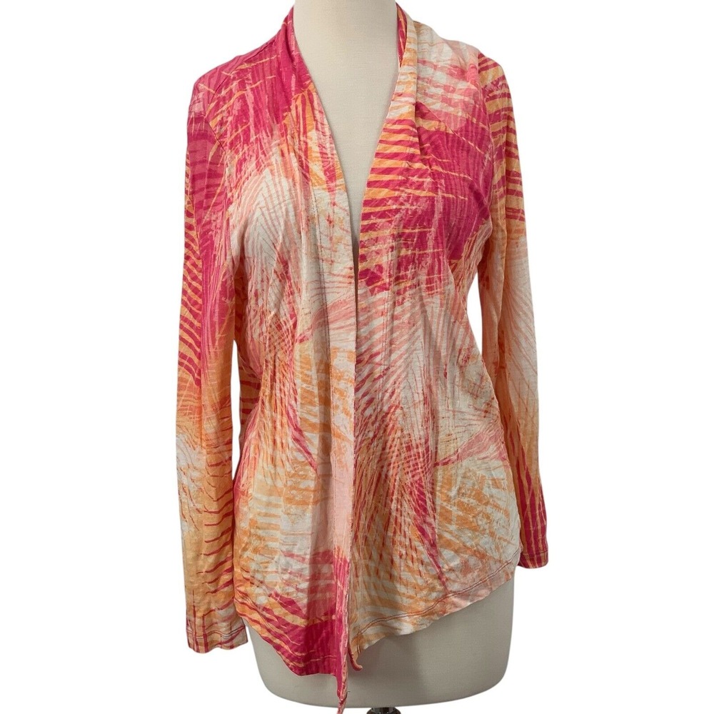 Chico's Linen Tropical Print Open Front Cardigan Sweater Pink/Orange Size 1/Med